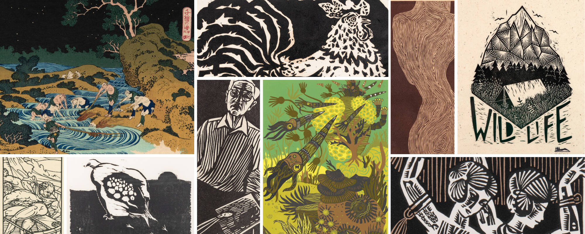 Collage of nine different images from the GVSU Art Museum Collection that showcase woodblock printmaking.